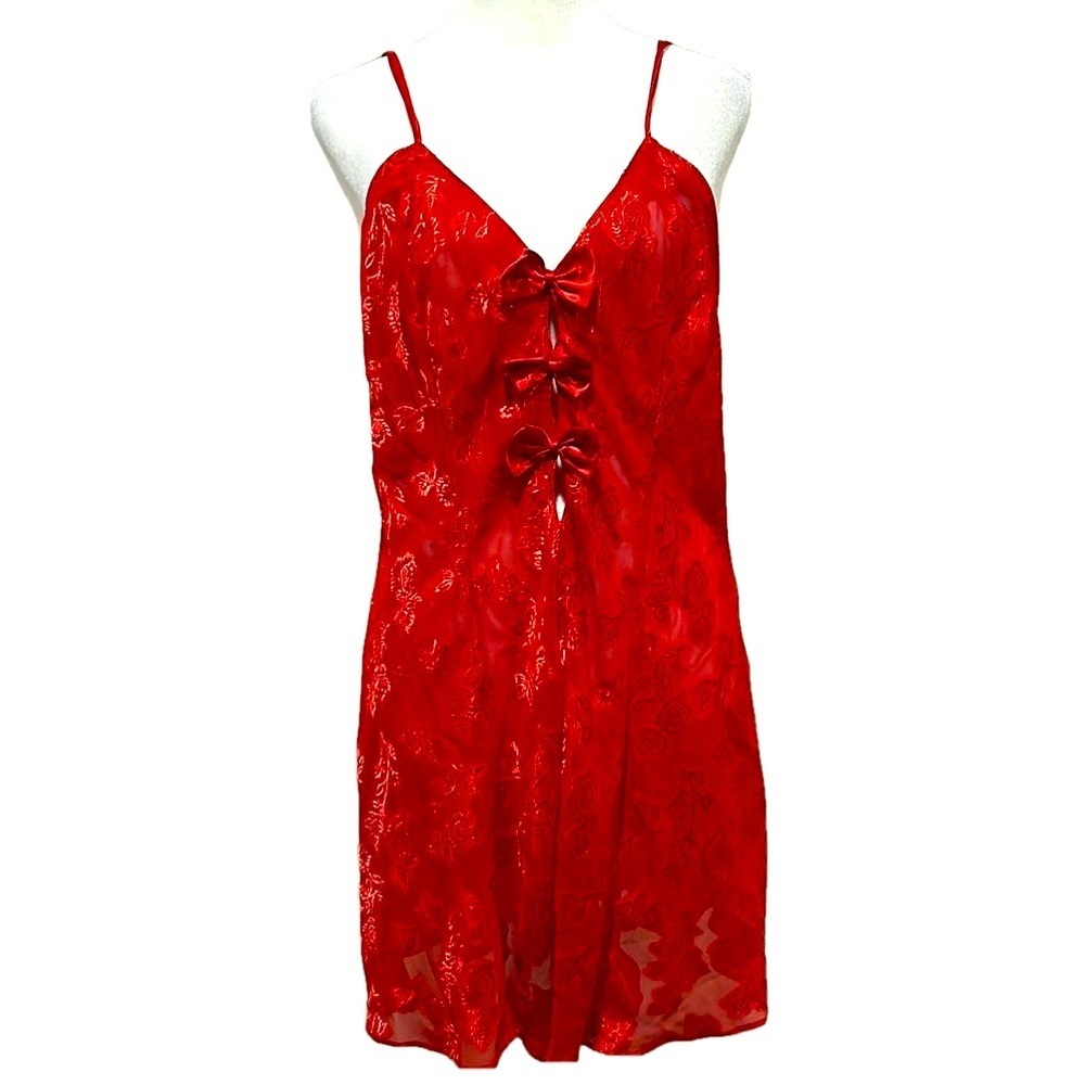 Frederick’s of Hollywood Hot Red Sheer Nightie Bows Adjustable Straps Large